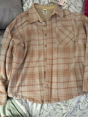 PINK Victoria's Secret Beige and Tan Plaid Button-Down Shirt